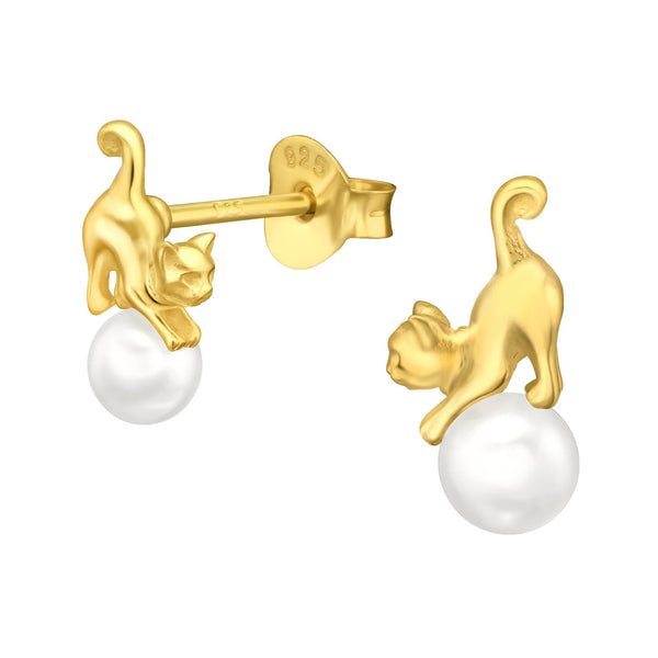Gold White Pearl Cat Stud Earrings