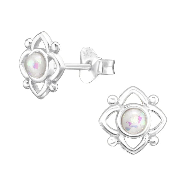 Silver Flower Opal Stud Earrings