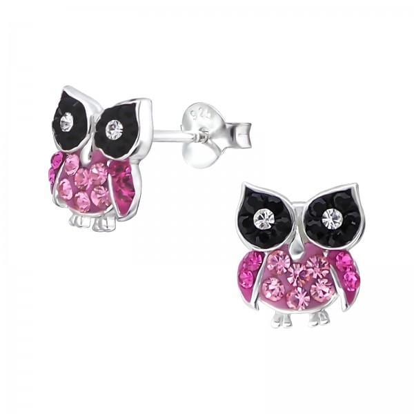 Childrens Silver And Pink Owl Studs