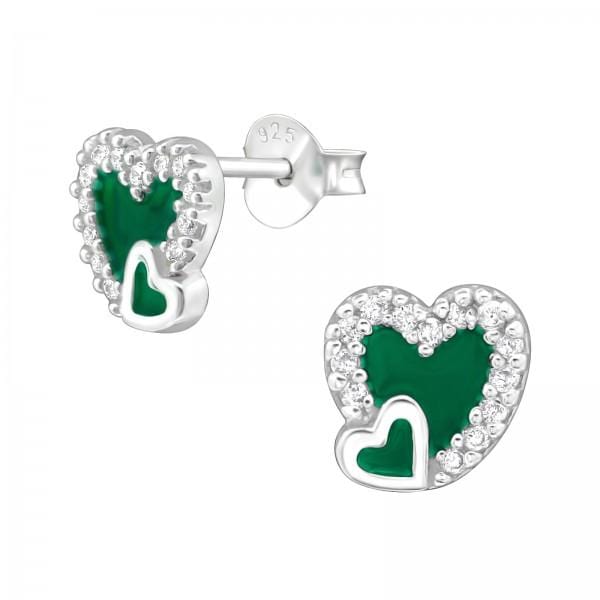 Silver Clear Green Heart Stud Earrings