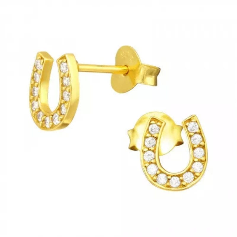 Gold Horseshoe Stud Earrings with Cubic Zirconia