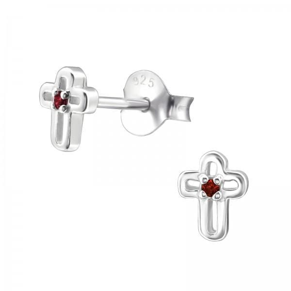 Silver Birthstone Cross Stud Earrings