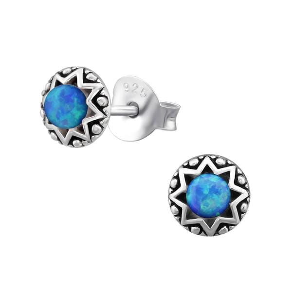 Silver Pacific Blue Opal Stud Earrings