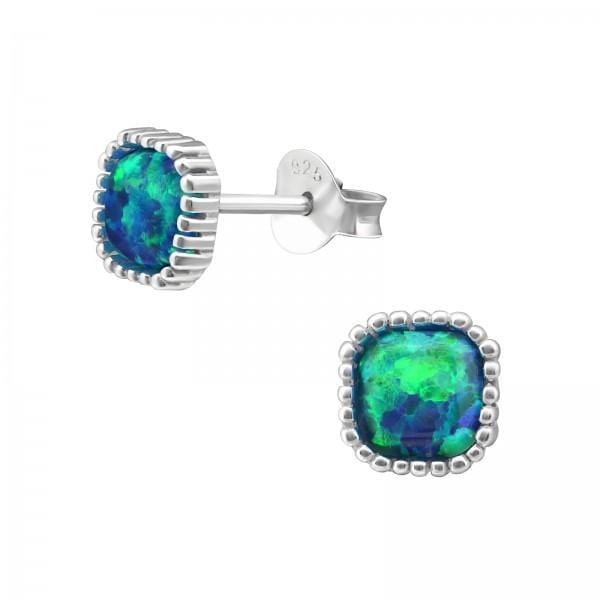 Silver Square Opal Stud Earrings