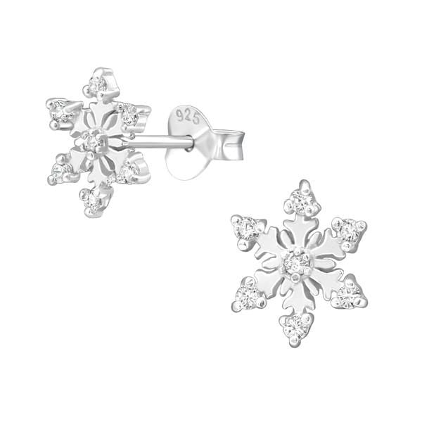 Silver CZ Crystal Snowflake  Studs Earrings