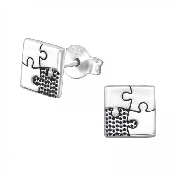 Silver Square Jigsow Stud Earrings