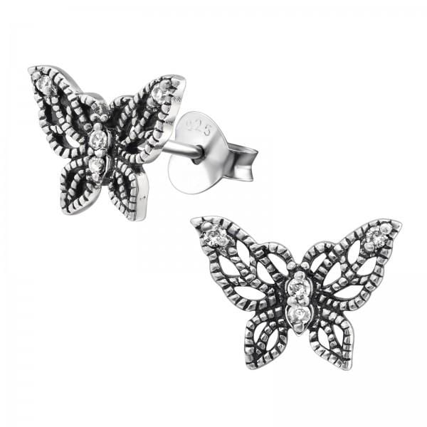 Silver CZ Crystal Butterfly Stud Earrings