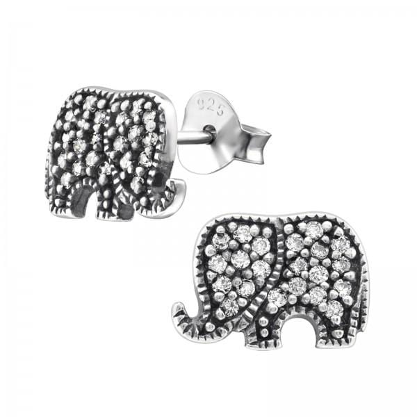 Silver CZ Crystal Elephant Stud Earrings