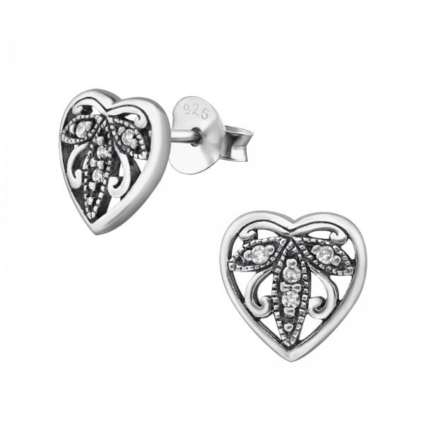 Silver CZ Crystal Heart Stud Earrings