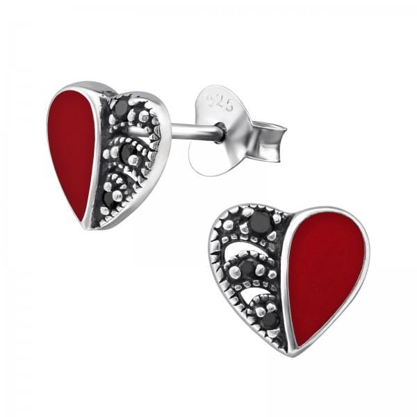 Red Silver Heart Stud Earrings