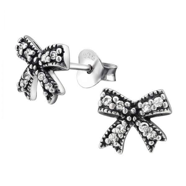 Silver CZ Crystal Bow Stud Earrings