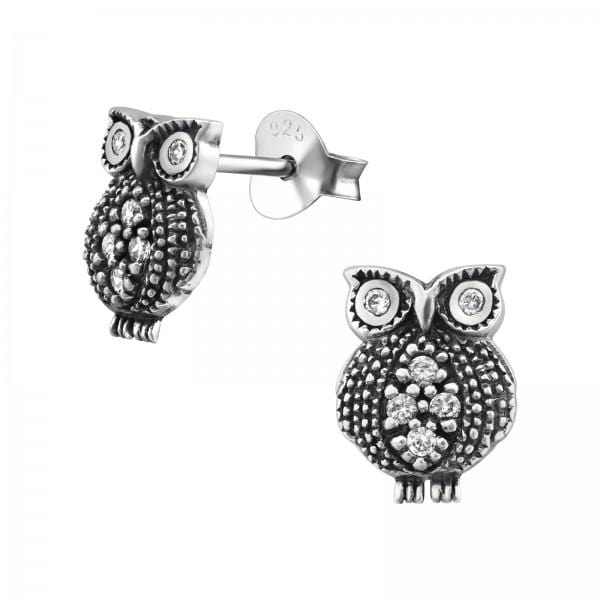 Silver CZ Crystal Owl Stud Earrings
