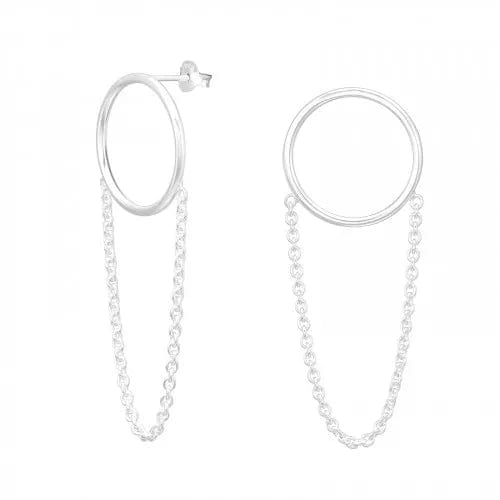 Silver Circle Stud Earrings with Hanging Chain