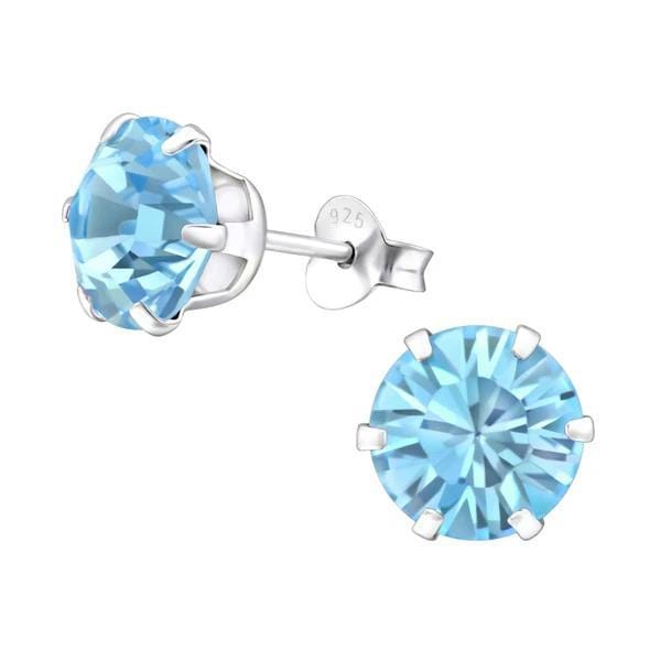Silver Aquamarine Round Stud Earrings with Swarovski Crystal