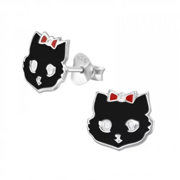Children's Silver Cat Stud Earrings with Epoxy