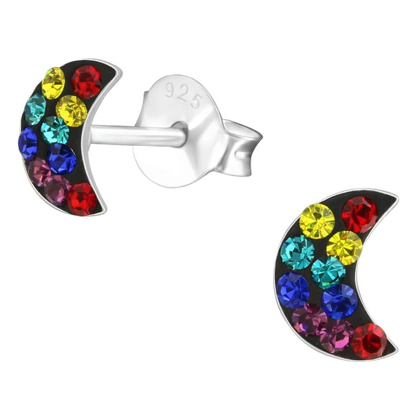 Children's Silver Rainbow Crystal Moon Stud Earrings