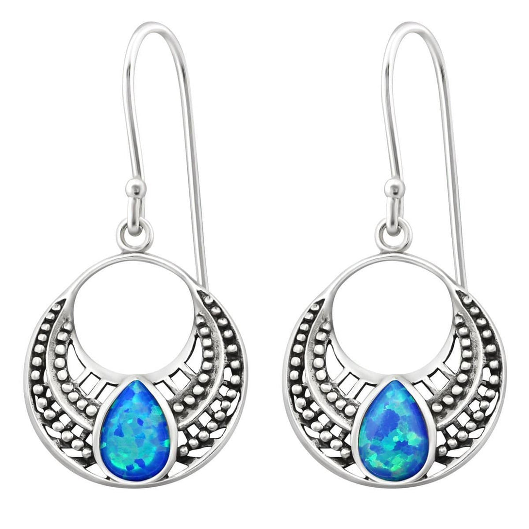 Sterling Silver Bali Style Opal Hoop Earrings