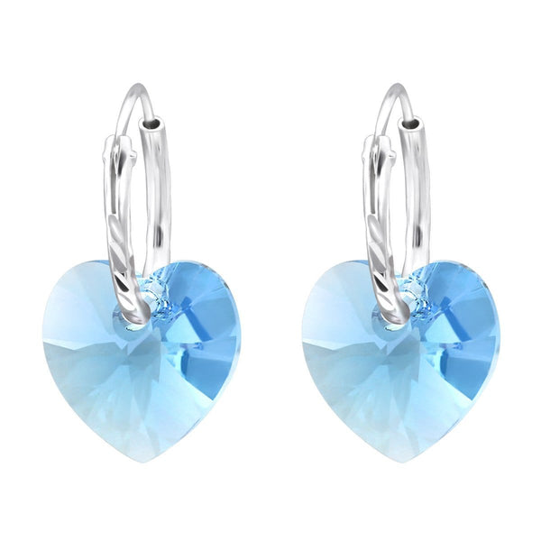 Silver Hanging Heart Aquamarine Ear Hoops Made with Swarovski Crystal