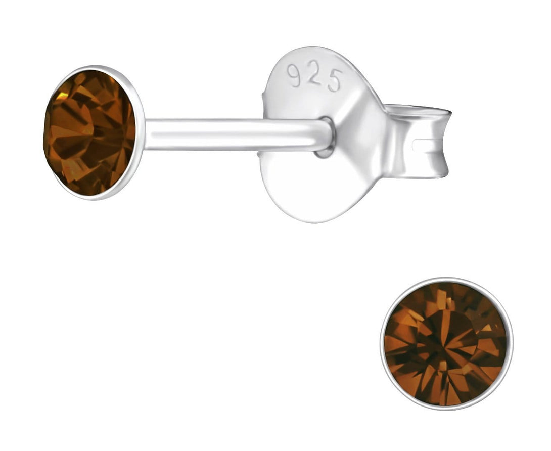 Sterling Silver Round 3mm Smoked Topaz Crystal Ear Studs