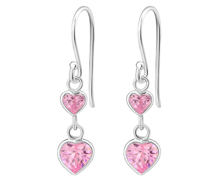 Sterling Silver Hanging Hearts CZ Pink Earrings