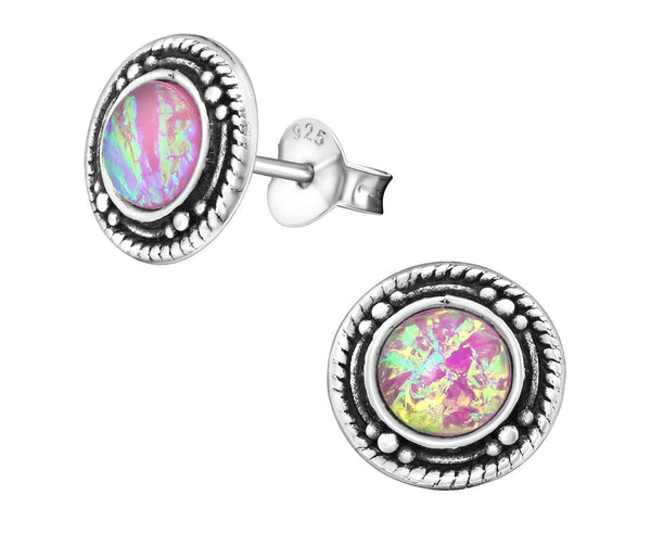 Sterling Silver Oxidized Pink Opal Ear Studs