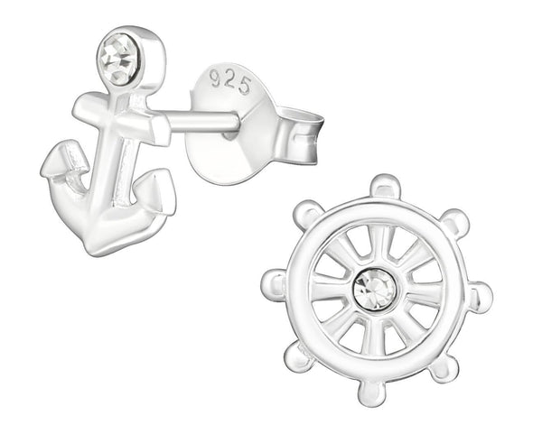 Sterling Silver Anchor Ship Wheel Crystal Ear Studs
