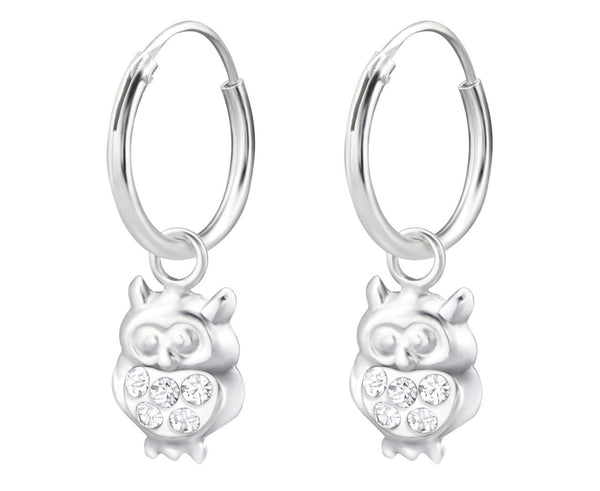 Children's Silver Hanging Owl Crystal Hoop Earrings