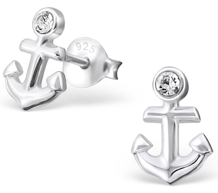 Sterling Silver Crystal Anchor Ear Studs