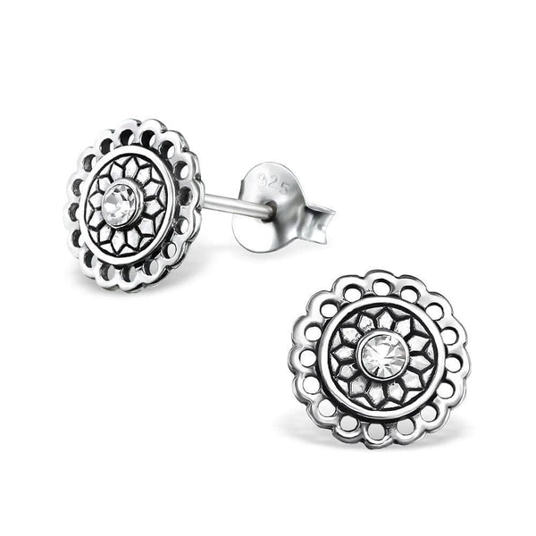 Sterling Silver Bali Round Crystal Ear Studs