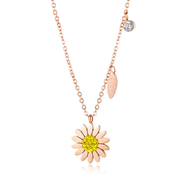 Womens Steel Rose Gold Flower Necklace