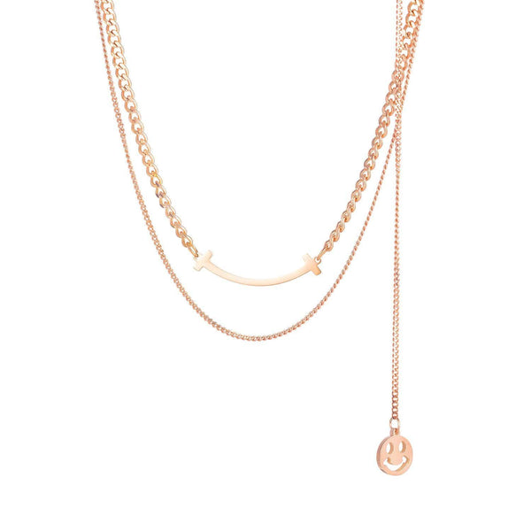 Steel Rose Gold Smile Bar Multi Layered Necklace