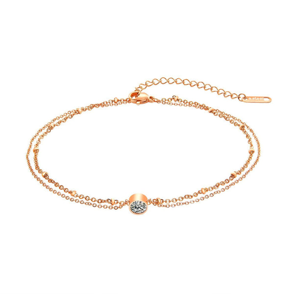 Stainless Steel Rose Gold Simple Cubic Zircon Double-layer Anklet