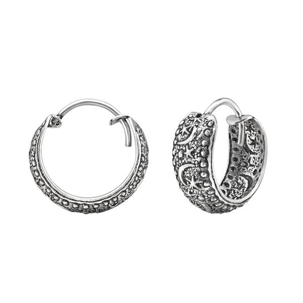 Silver Moon and Star  Bali Hoop Earrings 