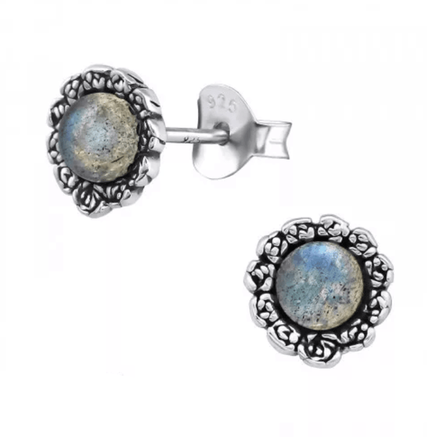 Silver Flower Earrings with Geniune Labradorite Stone