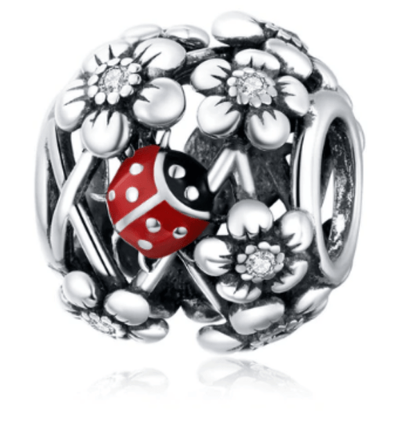 Ladybug & Flowers Silver Charm for Bracelets