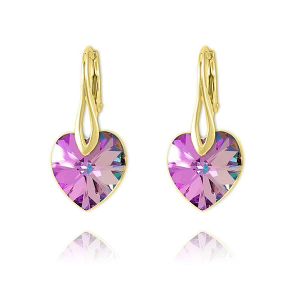 24K Gold Pink Swarovski Crystal Heart Drop Earrings