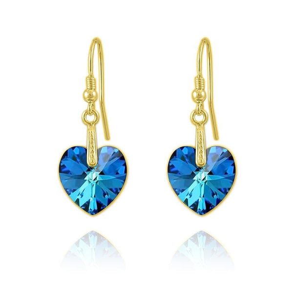 24K Gold Silver Drop Earrings With Blue Crystal Hearts