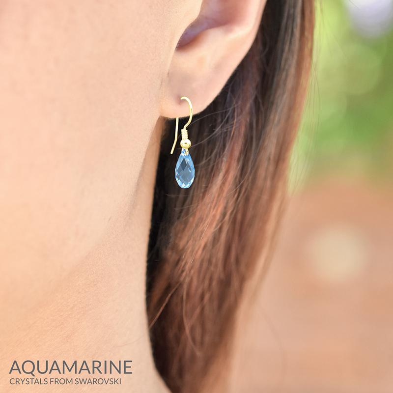 24K Gold Swarovski Crystal Aquamarine Teardrop Earrings
