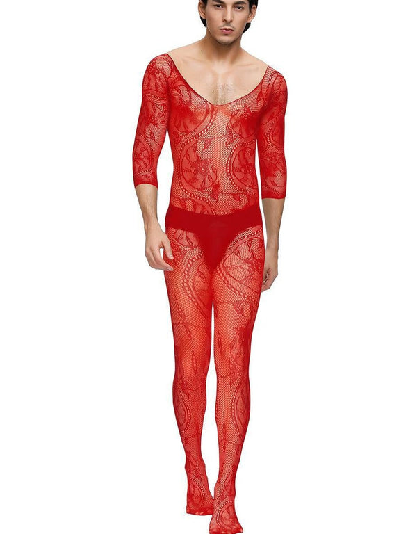 Floral Crotchless Red Bodystockings For Men