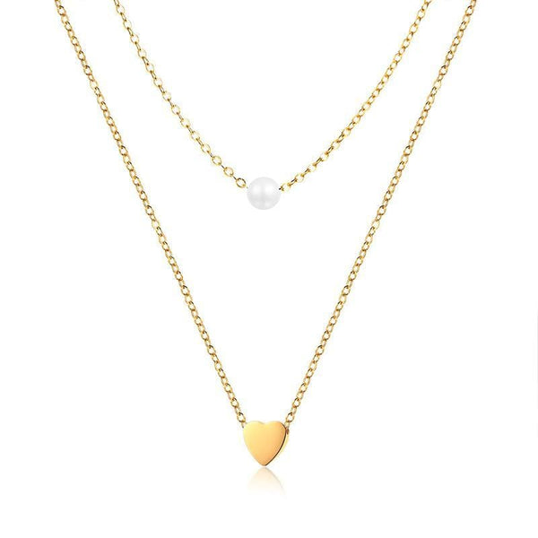 Stainless Steel Gold Pearl & Heart Double Necklace