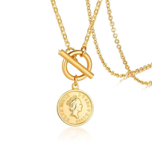 Stainless Steel Queen Elizabeth Gold Coin Necklace