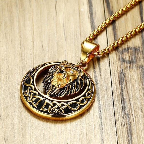 Stainless Steel Gold Mens Lion Necklace