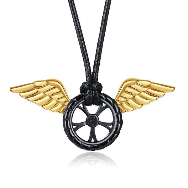 Stainless Steel Mens Tire & Wings Necklace