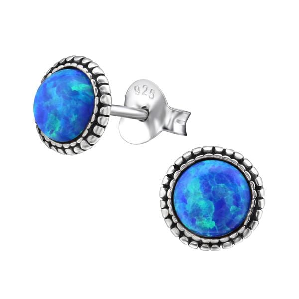 Sterling Silver Pacific Blue Opal Round Ear Studs