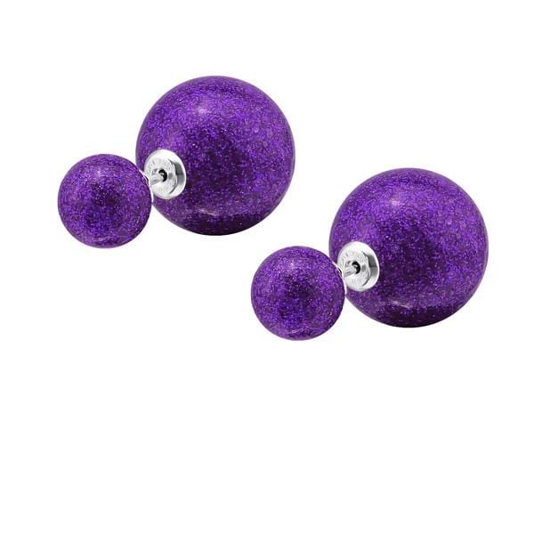Silver Pearl Double Purple Glitter Ball Stud Earrings