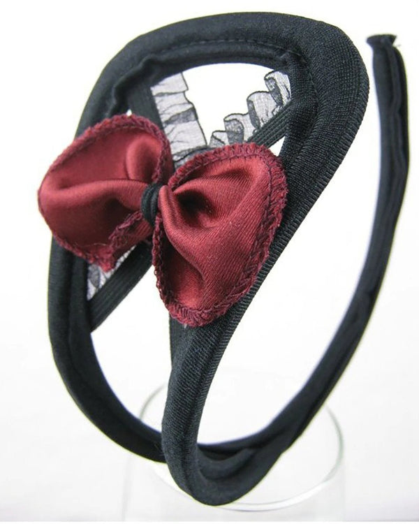 Black Velvet and Lace Open Front C-String with Red Velvet Bow