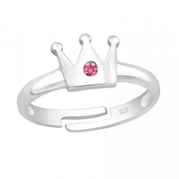 Kids Silver Crown Adjustable Ring with Crystal