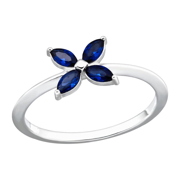 Silver Flower Blue Cubic Zirconia Ring