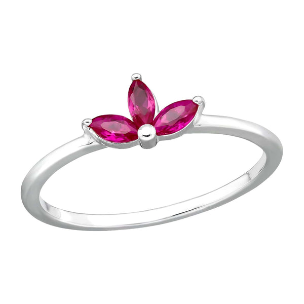 Silver Flower Red Cubic Zirconia Ring