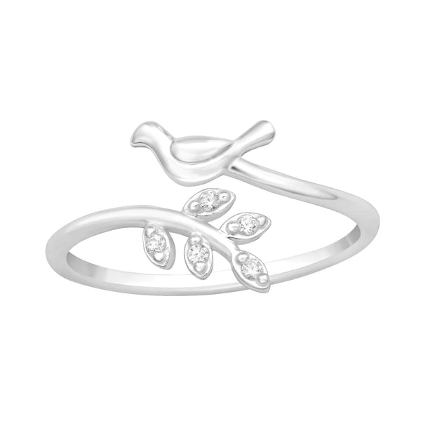 Silver Bird and Leaf Cubic Zirconia Ring